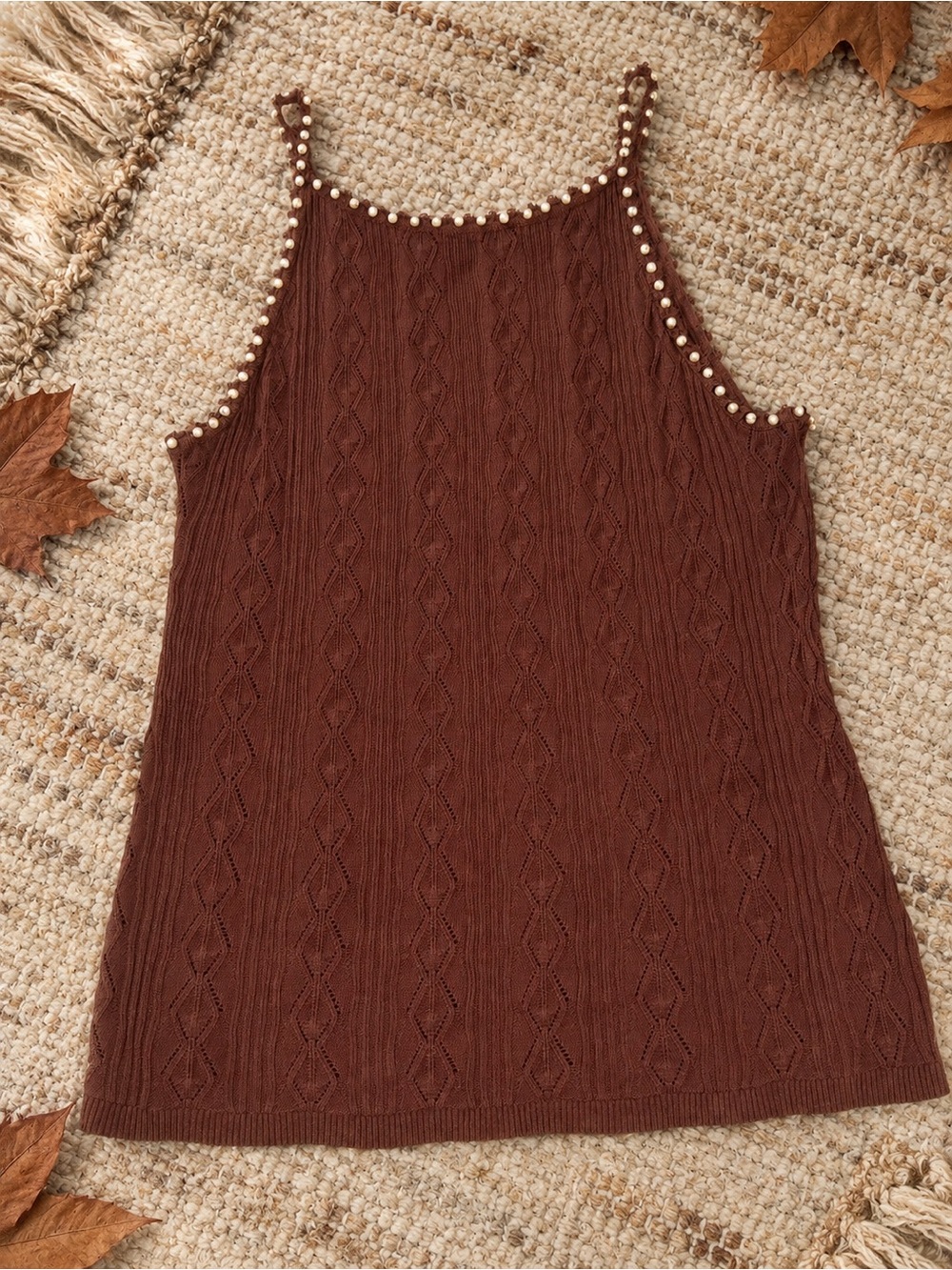 INC International Concepts Brown Pearl-Trim Cable Knit Tank